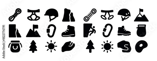 Silhouette icons of climbing gear and activities