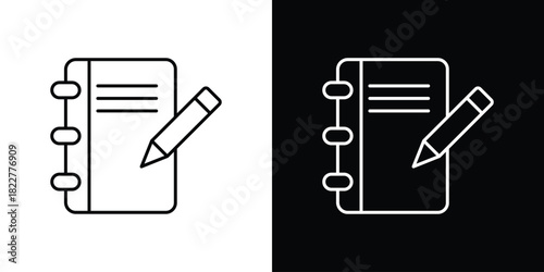 Notebook icon outline set in black and white. thin line style.