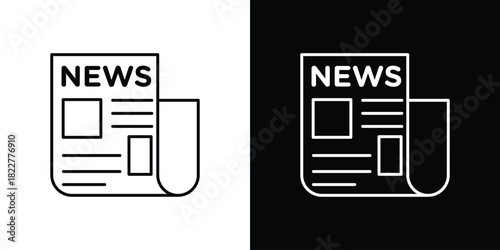 Newspaper icon outline set in black and white. thin line style.