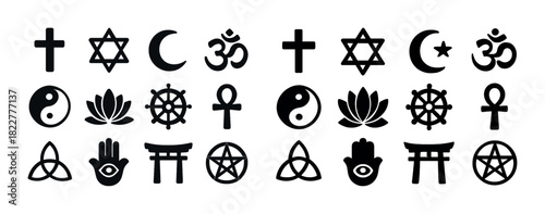 Collection of diverse religious and spiritual symbols in black and white