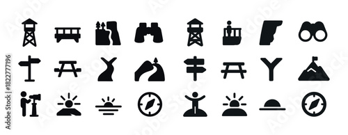 Adventure and outdoor icon set: mountain, binoculars, compass, sunrise, trail