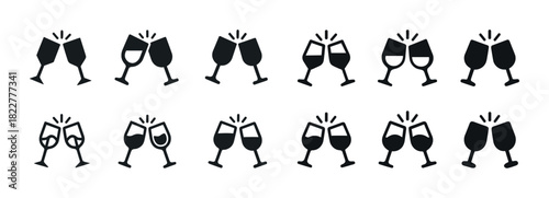 Wine glass toast icons set: celebratory black and white vector illustrations