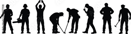 Set of black silhouettes featuring manual workers, including lumberjacks, construction laborers, and groundskeepers, in various working poses with tools, representing industry and hard work.