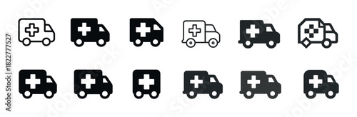Ambulance icons set: monochrome collection of medical vehicle symbols