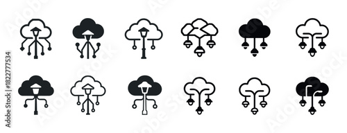 Set of cloud computing icons with various technology connections