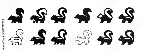 Silhouette and outline designs of stylized squirrels and skunks
