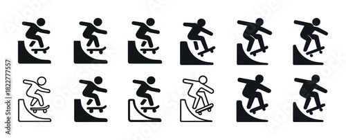 Skateboarder silhouettes performing stunts on ramps