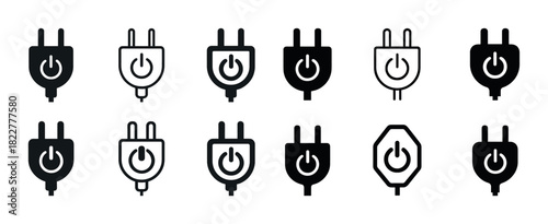Set of twelve plug icons with power symbols in black and white