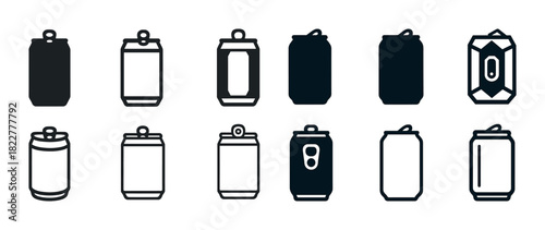 Set of twelve beverage can icons in various styles and designs