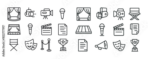 Theater and film icons collection: megaphone, stage, camera, microphone, clapperboard, trophy