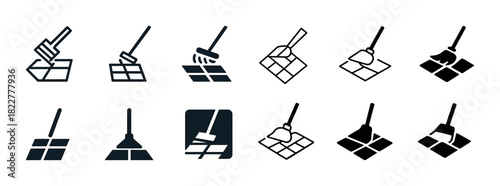 Set of vector icons of cleaning tools and floor maintenance equipment