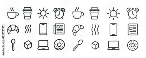 Morning routine icons: coffee, sun, alarm, croissant, technology symbols