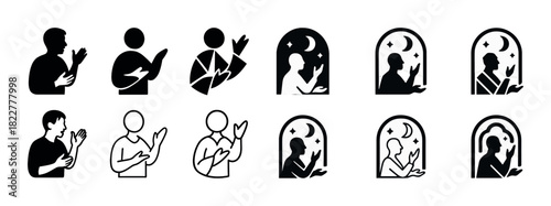 Collection of applauding icon variations in minimalist black and white style
