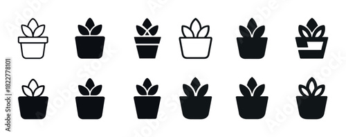 Set of black and white potted plant icons for design