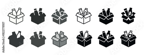 Vector icon set of beverage bottles and cans in open cardboard boxes