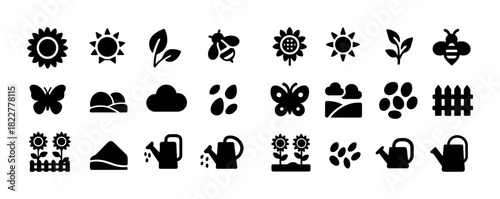Garden icon set: sunflowers, leaves, bees, butterflies, watering cans
