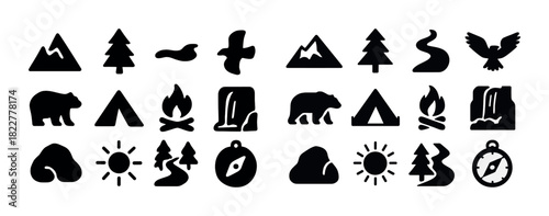 Nature and adventure icons: mountains, trees, wildlife, camping, hiking symbols