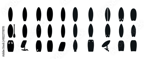 Silhouette collection of various surfboards and water sports equipment