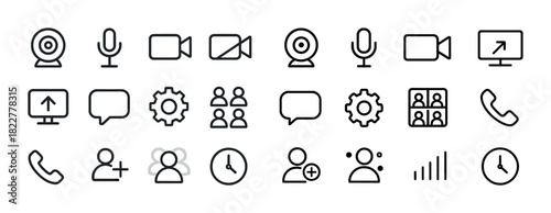 Communication icon set: webcam, microphone, video, conference, gear, clock