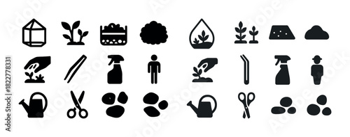 Gardening icons collection: tools and plants silhouettes
