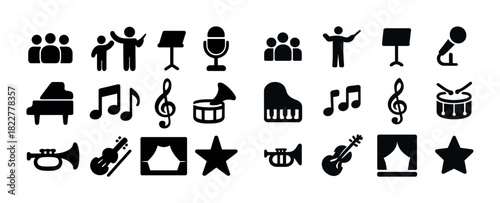 Music icons: instruments, notes, microphones, conductors, performance