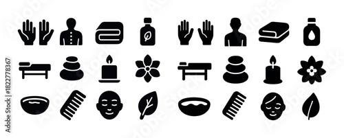 Spa and wellness icon set: massage, aromatherapy, yoga, relaxation, care