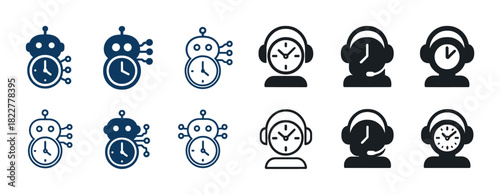Robot and headset clock icons representing ai, time, and customer support concepts
