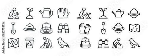 Minimalist nature icons: planting, exploration, recycling, wildlife