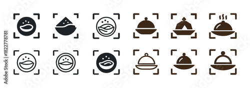 Icon set of food delivery and dining symbols in black and brown