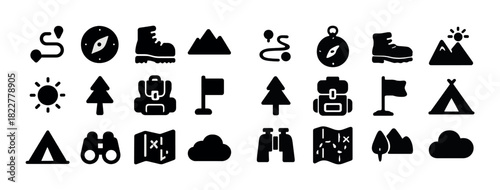 Adventure icons set: compass, tent, backpack, mountain, hiking