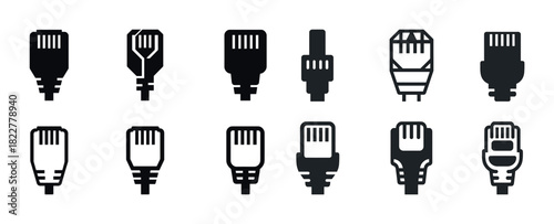 Set of various ethernet cable icons in black and white