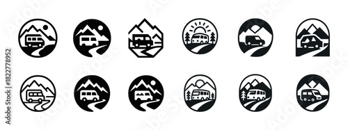 Minimalist camper van and mountain adventure icons collection
