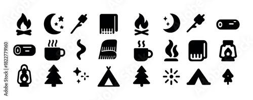 Camping icons: campfire, moon, tent, lantern, mug, tree, marshmallow, blanket