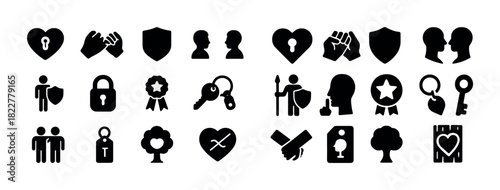 Diverse black silhouette icons of security, love, unity, and nature