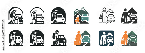 Traveler icons: people with luggage and cars in various outdoor settings