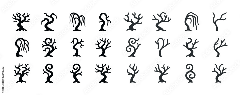 Naklejka premium Set of diverse silhouette tree icons with unique branch patterns in vector style