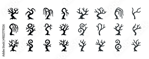 Set of diverse silhouette tree icons with unique branch patterns in vector style