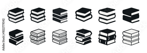 Black and white book stack icons in different styles
