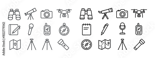 Outdoor exploration icons: binoculars, telescope, camera, drone, compass, map, microphone, tripod, flashlight