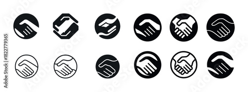 Black and white handshake icons set in various circular and hexagonal designs
