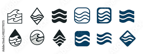 Collection of water wave icon designs in various shapes and styles