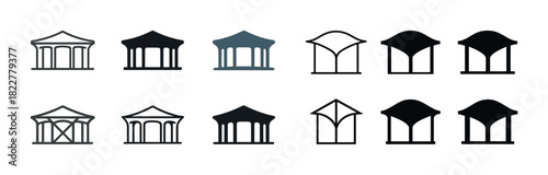 Architectural pavilion icons set: minimalist black and white designs