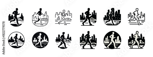 Set of silhouette iconic city runners with urban backgrounds
