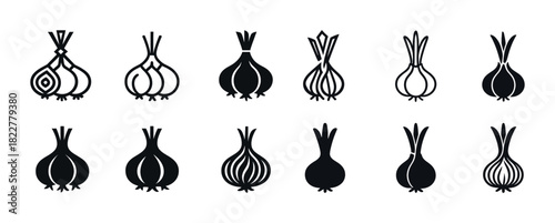 Variety of onion icons: black silhouette illustrations of root vegetables