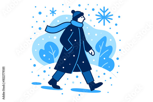 Solitary Snowy Stroll. Winter Walk. A solitary figure in a long coat walks under gentle snowfall, footprints