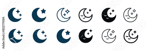 Set of crescent moon and star icons in various styles and designs