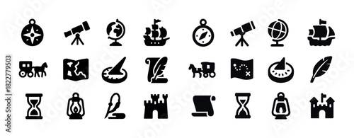 Adventure icons: compass, telescope, globe, ship, castle, map, quill, hourglass