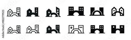 Set of black house and building icons in various styles