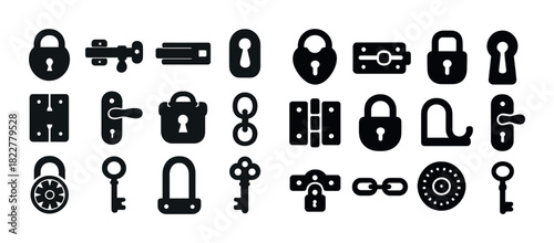 Various lock and key silhouettes: padlocks, keyholes, chains