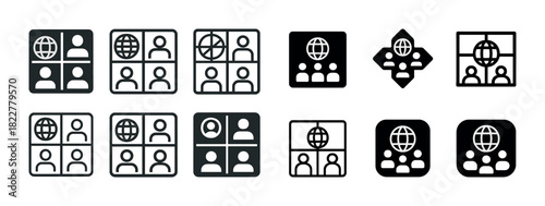 Video conference icons set in black and white